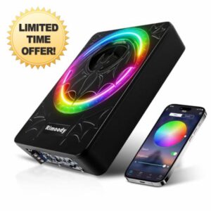 Rimoody 10 Inch Slim Active Car Subwoofer Under Seat Powered Subwoofer Built in Amplifier 1200W RMS 4 Ohm Bass Boost Phase Switch Overheat Short Circuit Protection + App Control