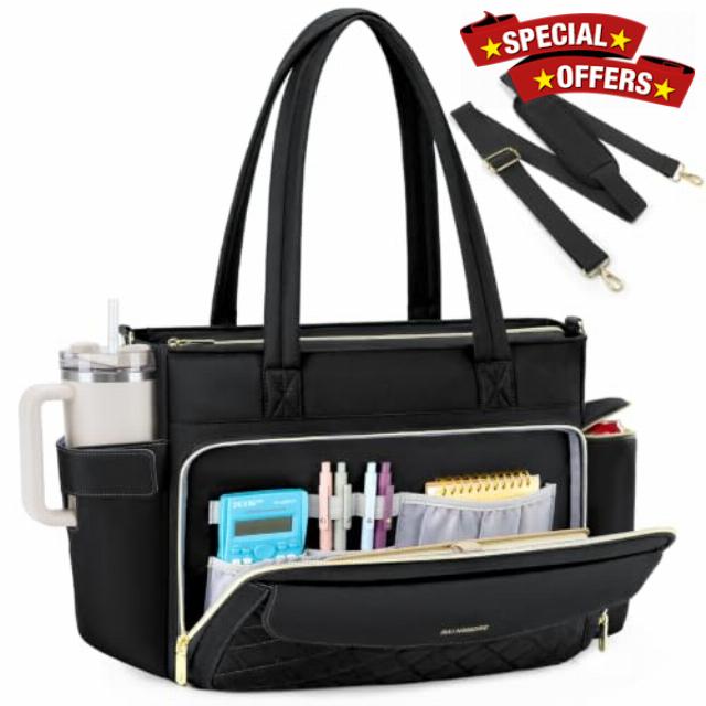RAINSMORE Laptop Tote Bags for Women 15.6 Inch Teacher Work Bag with Insulated Pocket Large Nurse Utility Bag Laptop Briefcase for Office College Business Travel Black