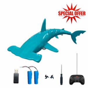 2.4GHz RC Hammerhead Shark Water Toy with Diving Function Spray Effect Bionic Swimming Motion Waterproof Remote Control Marine Animal Model(Cyan/2 Battery)
