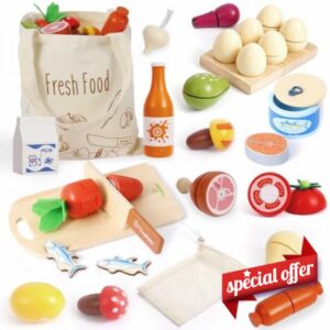 SIMPLIPLAY Wooden Play Food Set for Kids - Play Food Sets for Kids Kitchen