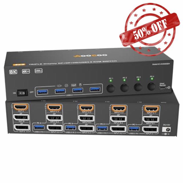 HDMI Displayport KVM Switch 3 Monitor 4 Computer 8K@60Hz/4K@144Hz KVM Switches with 4 USB 3.0 Port