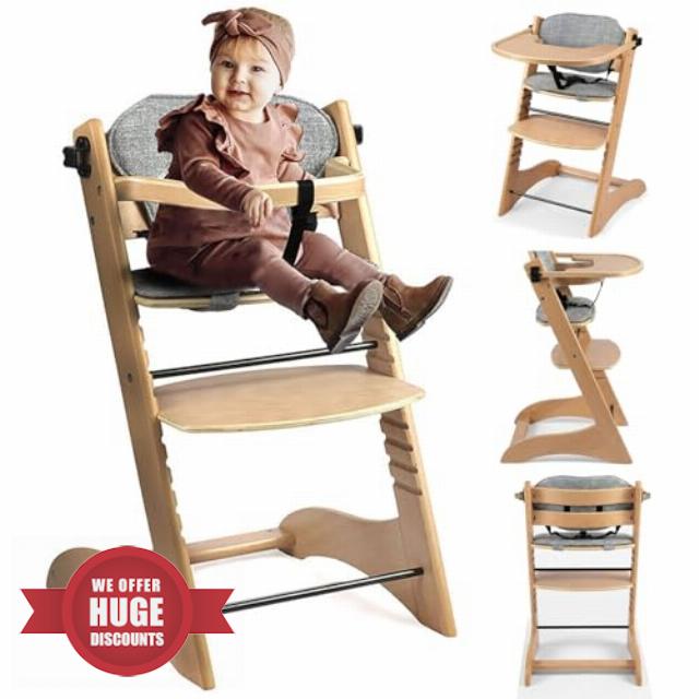 Natural Solid Beech Wood Baby High Chair for 8 Months to 18 Years