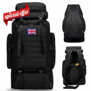80L Waterproof Hiking Backpack Camping Backpack Large Military Tactical Backpack Army Rucksack for Men with British Flag ＆ Rain for Trekking Walking Cycling Climbing Outdoor Sports Cover Black