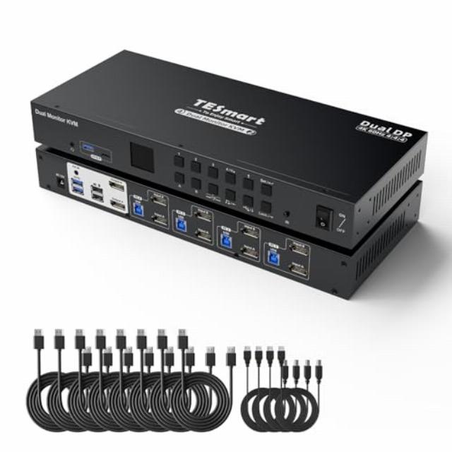 TESmart DisplayPort KVM Switch 4 Computers 2 Monitors 4K@60Hz