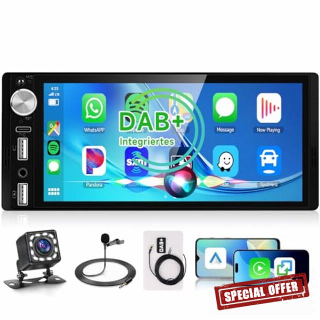 Rimoody DAB/DAB+ Single Din Car Stereo with Wireless CarPlay Android Auto 6.9'' IPS Touchscreen Bluetooth 5.2 Handsfree FM AM Radioe EQ Mirror Link Type-C USB Mirror Link 1 Din Reverse Camera