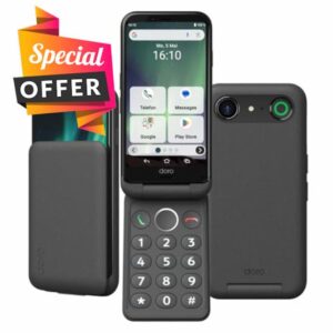 Doro - Aurora A20 Flip Smartphone - Senior Mobile Phone - Easy to Use - Assistance Button with GPS Location - Hearing Aid Compatible - USB Cable Included - Graphite (Renewed)