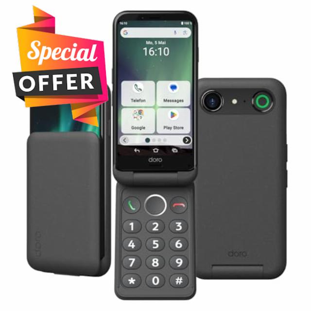 Doro - Aurora A20 Flip Smartphone - Senior Mobile Phone - Easy to Use - Assistance Button with GPS Location - Hearing Aid Compatible - USB Cable Included - Graphite (Renewed)