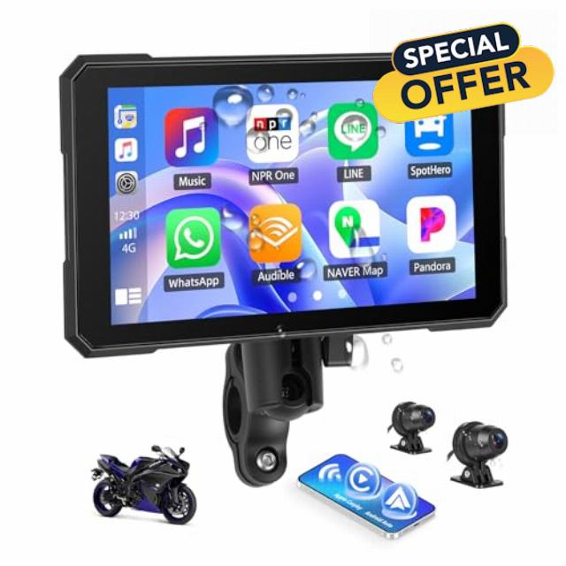 CAMECHO Motorcycle Carplay Screen with Dash Cam Front and Rear Camera