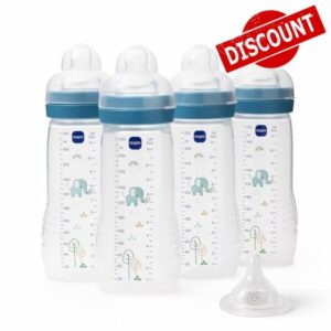 MAM Easy Active Bottles | 4 Pack (4 x 330ml) | Fast Flow MAM Teats Size 3 + 1 x Extra Fast Flow | Baby Accessories | Blue
