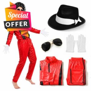 Kids 80s Pop Star Red Thriller Style Costume Set - Iconic Red Jacket and Trousers with Curly Black Wig Fedora Aviator Glasses and White Gloves - Childrens 1980s Music Video Fancy Dress Outfi