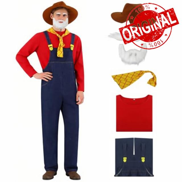 Men Stinky Pete Prospector Costume Long-sleeve Pullover Shirt Overalls Hat Beard Bandana Halloween Parade Outfi