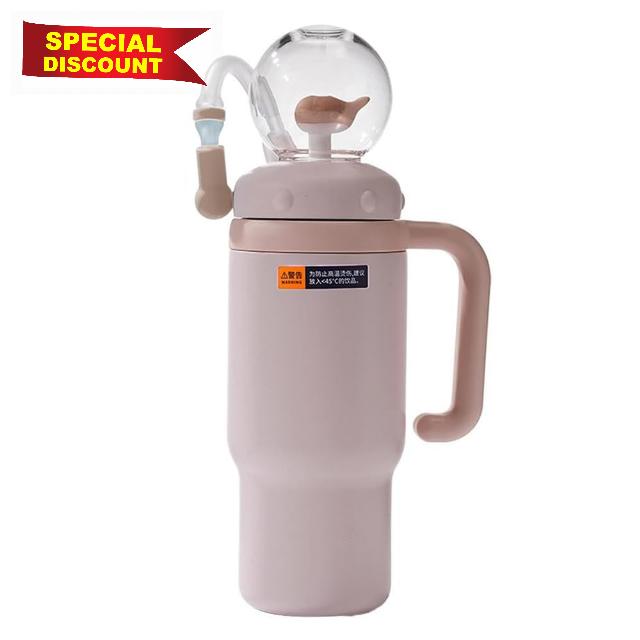 700ml Stainless Steel Whale Fountain Tumbler with Handle Drinking Cup with Whale Squirt Insulated Travel Tumblers Sippy Cup No Spill Cute Water Bottle with Lids and Straws for Ki-ds