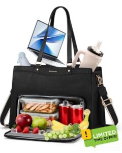 RAINSMORE Teacher Bag 15.6 Inch Laptop Bag with Lunch Compartment PU Leather Laptop Tote Bags for Women Professional Work Bag for College Office Black