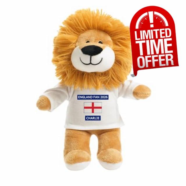 Personalised Football Lion Teddy Bear – England Fan 2026 Gift – Custom Name Supporter Plush Toy – Kids Sports Gift for Boys & Girls
