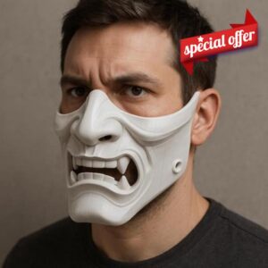 White Oni Samurai Mask | 3D Printed Demon Japanese Half Face Cosplay Mask | Horror Mask for Men | Kabuki Style