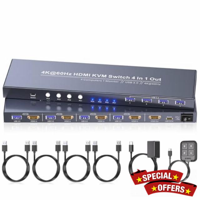 4K60Hz HDMI KVM Switch 1 Monitor 4 Computers