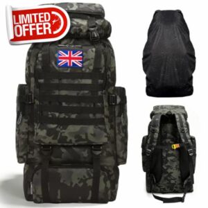 80L Waterproof Hiking Backpack Camping Backpack Large Military Tactical Backpack Army Rucksack for Men with British Flag ＆ Rain for Trekking Walking Cycling Climbing Outdoor Sports Cover GP