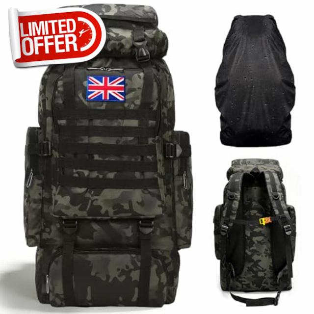 80L Waterproof Hiking Backpack Camping Backpack Large Military Tactical Backpack Army Rucksack for Men with British Flag ＆ Rain for Trekking Walking Cycling Climbing Outdoor Sports Cover GP