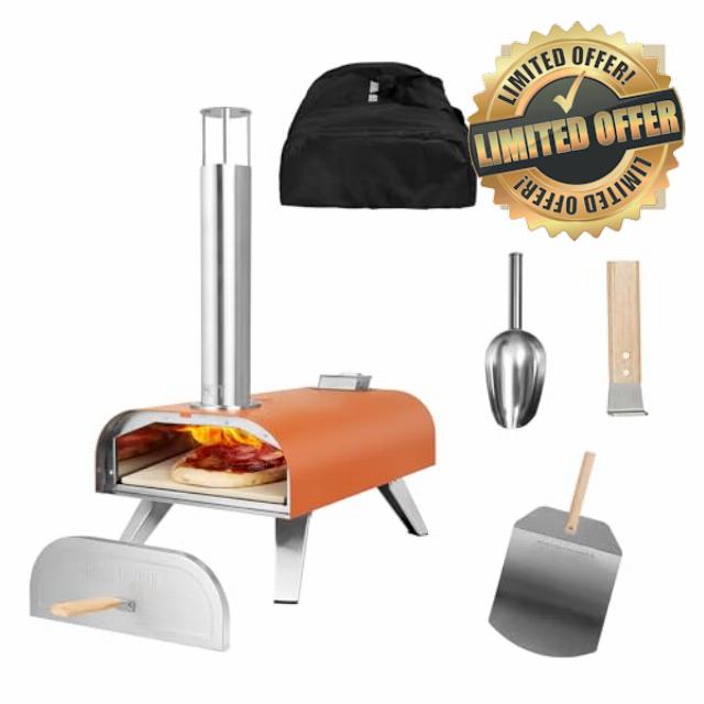 George Foreman Outdoor 12" Wood Pellet Portable Wood Fired Pizza Oven in Deep Orange with Paddle and Carry Bag