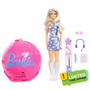 Barbie Team Roll and Reveal Pop Star Doll and Accessories with Blonde Fashion Doll & 8 Surprises and a Disco Ball Encasement