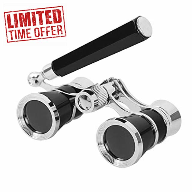 JewelryWe Vintage 3x25 Opera Glasses with Adjustable Handle – Elegant Silver Black Theatre Binoculars