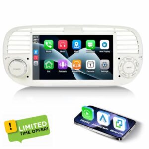ESSGOO 4+64G Car Stereo Wireless Autoradio Android 14 Carplay and Android Auto For FIAT 500 2007-2015 with 7 inch HD Touchscreen Bluetooth FM GPS Navigation RDS WiFi USB White