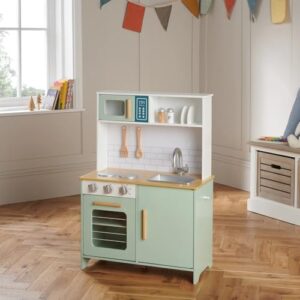 Wooden Pretend Toy Kitchen with 6 Wooden Cooking Accessories