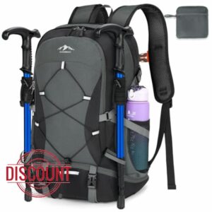 RAINSMORE Hiking Backpack 40L Foldable Lightweight Rucksack for Men Women Water Resistant Large Backpack for Walking Camping Climbing Travelling Black and Grey