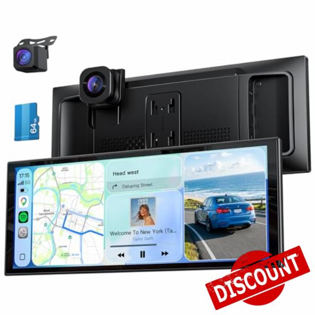 10.26" Wireless Portable 60FPS CarPlay Screen with 4K Front & HD Rear Dual Dash Cam for Apple Car Play & Android Auto 1920 * 720 Fully Laminated Tablet with Mirror Link