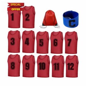 TOEPODO Football Bibs 12 Pack Scrimmage Vests Sports Numbered Team Training Bibs for Adult with Storage Bag & Captain's Armband