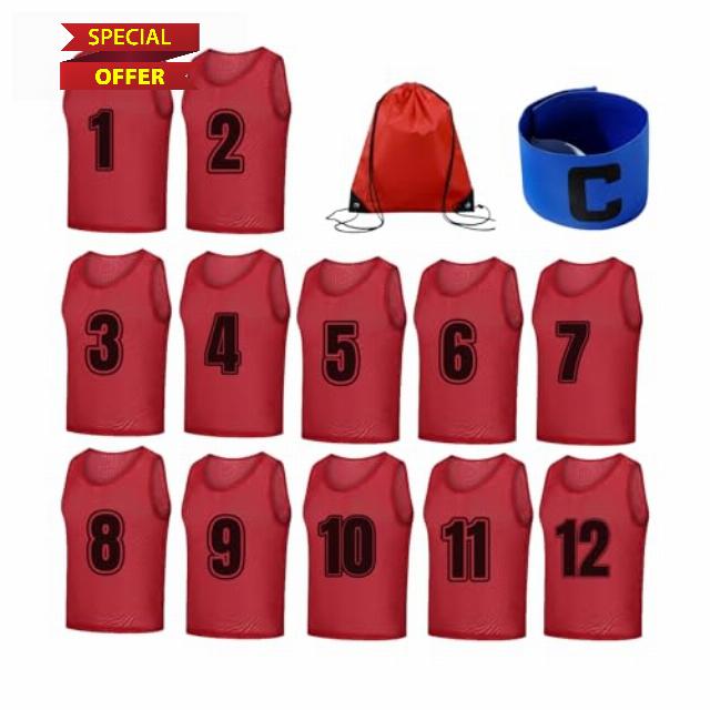 TOEPODO Football Bibs 12 Pack Scrimmage Vests Sports Numbered Team Training Bibs for Adult with Storage Bag & Captain's Armband