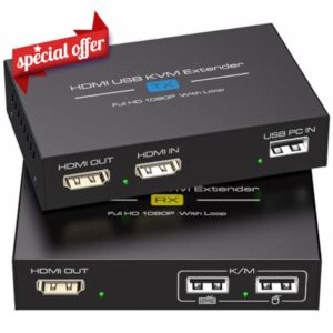 VEDINDUST HDMI KVM USB Extender 400FT/120M KVM Extender Over RJ45 Cat5e/6 Network Cable with Loop Out Supports Remote Mouse and Keyboard Control