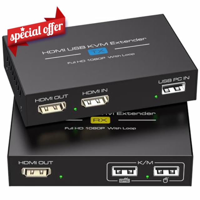 VEDINDUST HDMI KVM USB Extender 400FT/120M KVM Extender Over RJ45 Cat5e/6 Network Cable with Loop Out Supports Remote Mouse and Keyboard Control