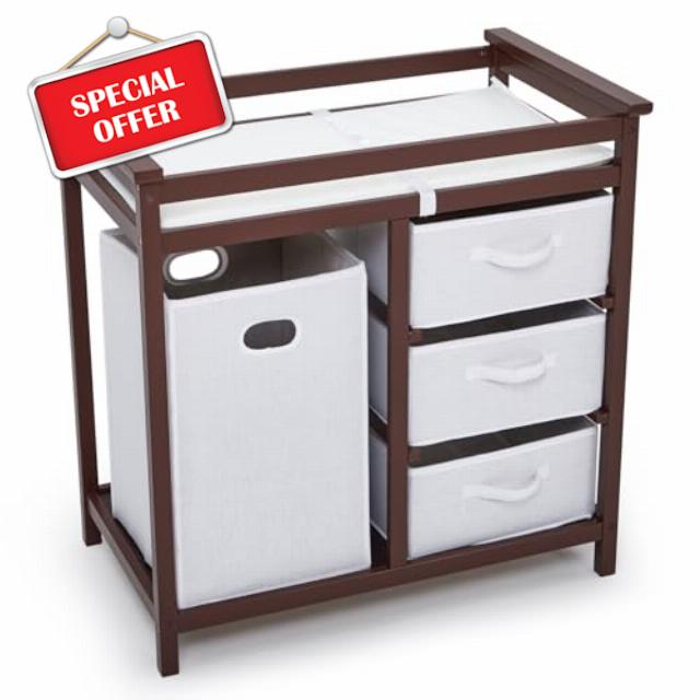 Aptliton Modern Wooden Baby Changing Table with 3 Storage Drawers and Laundry Hamper