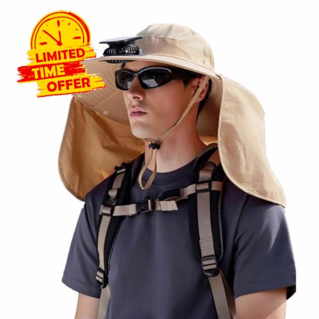 Sun Hat with Fan Solar Power Fan Hat Men Wide Brim Bucket Hats with Neck Flap Solar Powered & USB Charging