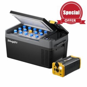 BougeRV CRPRO 20L 12V Compressor Fridge Freezer and 266Wh Battery Car Fridge Portable Car Refrigerator 12/24V DC 110-240V AC for Trip Picnic Camping Outdoor Travel Campervan RV Boat Home