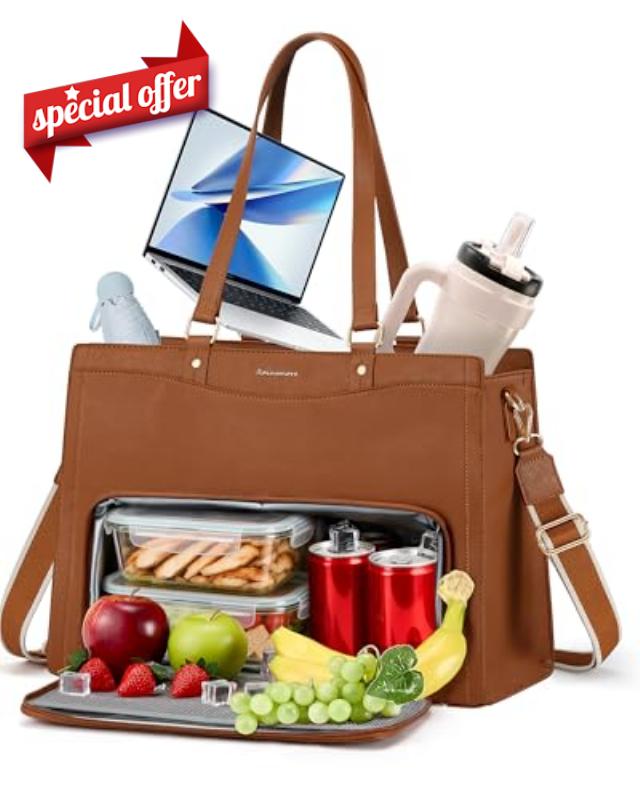 RAINSMORE Teacher Bag 15.6 Inch Laptop Bag with Lunch Compartment PU Leather Laptop Tote Bags for Women Professional Work Bag for College Office Brow
