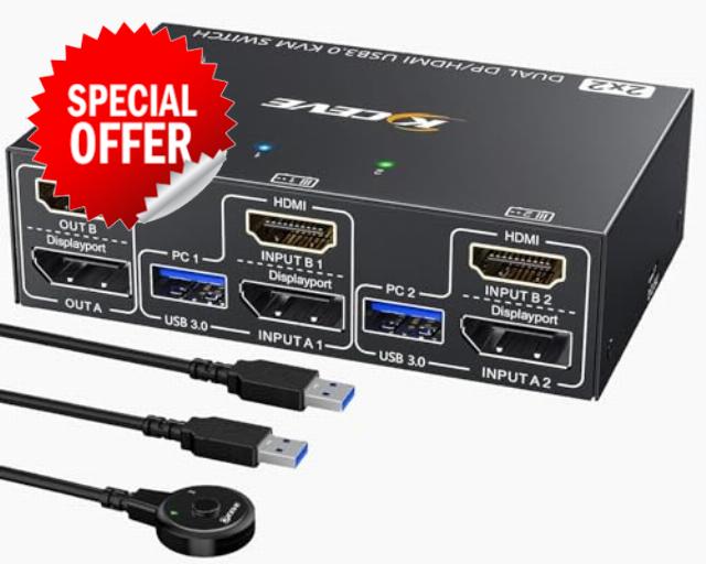 KVM Switch 2 Monitors 2 Computers Displayport HDMI 4K@60Hz