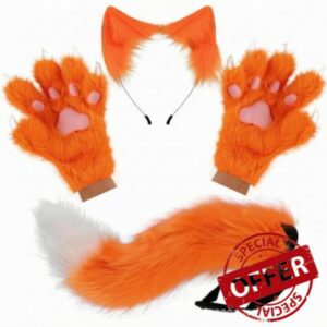 Qianly Feline Ears Tail Gloves Set Faux Fleece Cat Ear Headband Adjustable Strap Dress Accessory
