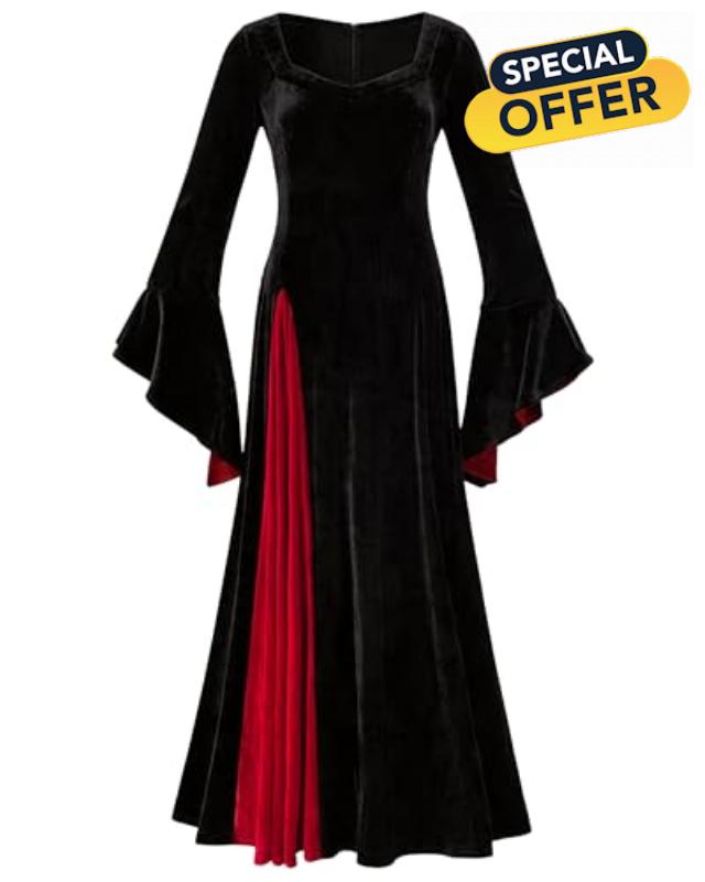 LUYANA Womens Velvet Gothic Maxi Dress Flared Long Sleeve Witch Costume Vampire Dress for Halloween Cosplay Party