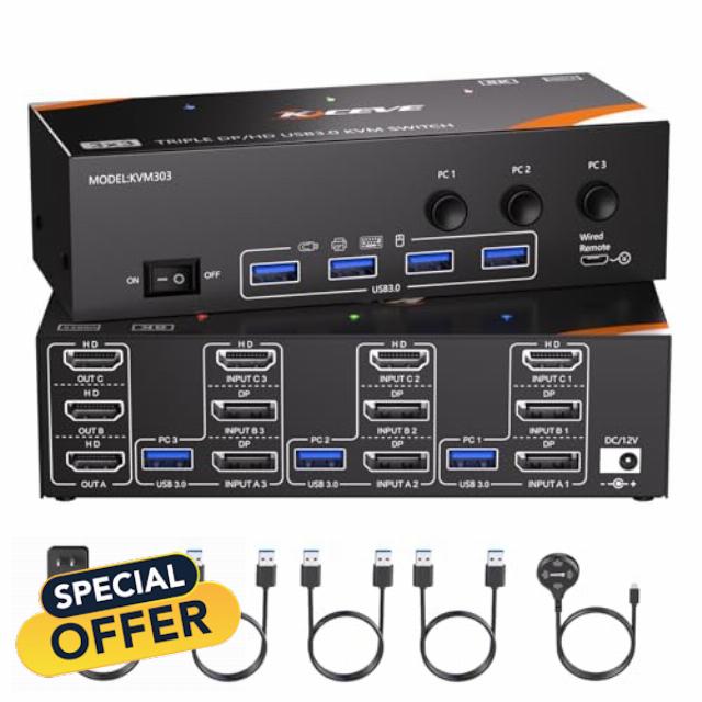 8K@60Hz 4K@144Hz KVM Switch 3 Monitors 3 Computers