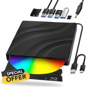 External Blu-ray Drive with USB 3.0 Type-C Portable Blu Ray Drive Portable 3D CD DVD Burner Optical Bluray Drive for Laptop PC Desktop Windows 11 10 Mac OS