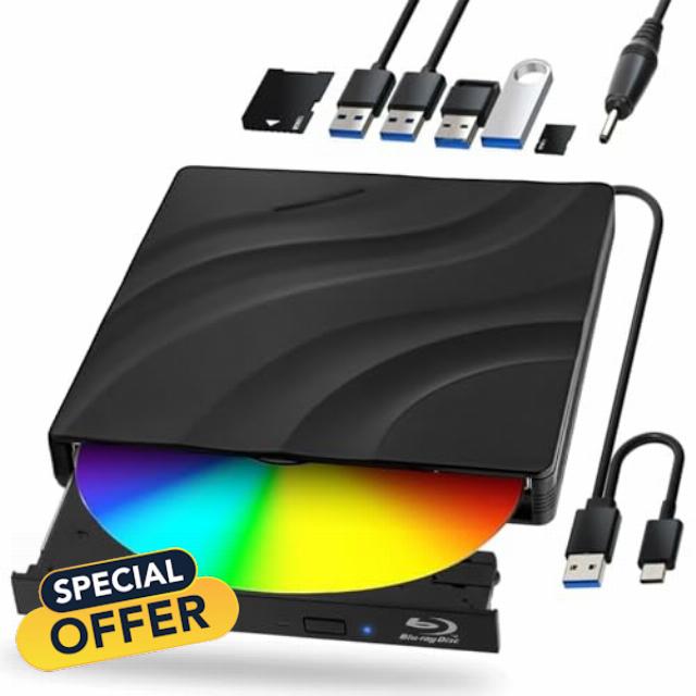 External Blu-ray Drive with USB 3.0 Type-C Portable Blu Ray Drive Portable 3D CD DVD Burner Optical Bluray Drive for Laptop PC Desktop Windows 11 10 Mac OS