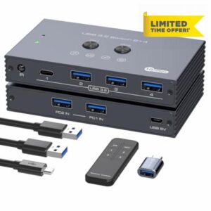 USB 3.2 Switch 2 Computers Share 4 USB Devices with IR Remote Keyboard Mouse Switcher 10Gbps for Printer Scanner Hard Drive