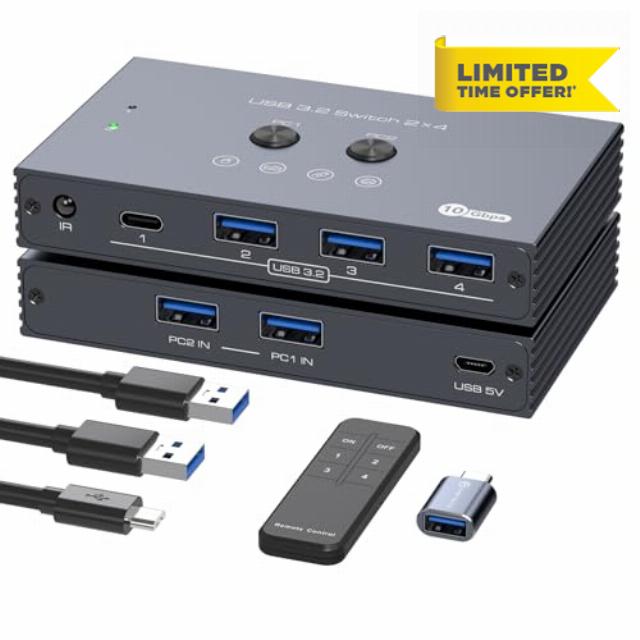 USB 3.2 Switch 2 Computers Share 4 USB Devices with IR Remote Keyboard Mouse Switcher 10Gbps for Printer Scanner Hard Drive