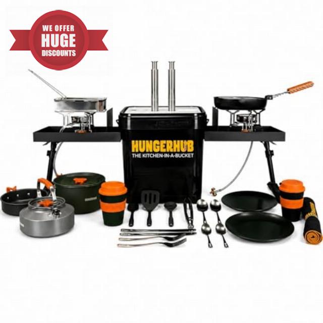 The HungerHub Kitchen In A Bucket – Compact Portable Camping Kitchen comes in a Bucket with Setup in Minutes - All in One Camping Cooking Station with Dual Stoves
