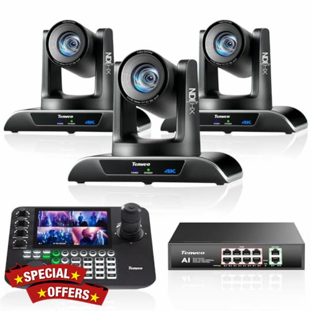 Tenveo PTZ Camera and Controller Bundle - 4K 20X AI Auto Tracking HDMI/USB3.0/LAN(PoE) NDI PTZ Camera(3PCS) and 7'' Quad-Screen NDI Joystick Controller + PoE Switch for Church Events Live Streaming
