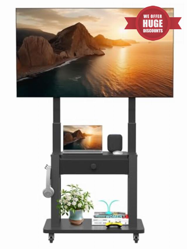 Mobile TV Stand with Fabric Drawer Storage for 32-75 Inch Flat/Curved Screen up to 220lbs LCD/LED/OLED Adjustable Height Rolling TV Cart with Wheels for Home Office Outdoor Max VESA 600x400mm Black