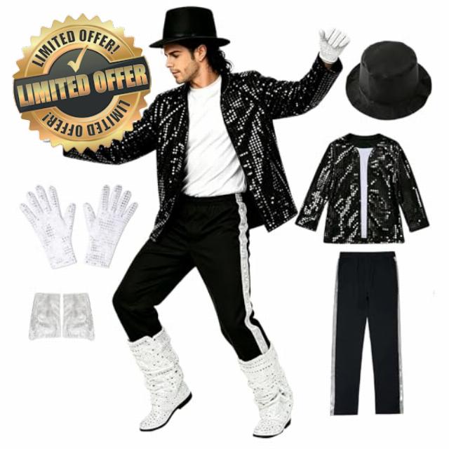 Adults King of Pop Musician Costume 6-Piece Set Sequin Jacket Striped Pants with Hat Gloves and T-Shirt 80s 90s Music Icon for Halloween Party Stage Performance and Fancy Dress