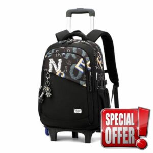 FANDARE 2-in-1 Detachable Student Luggage Backpack 35L Wheeled Rolling Black School Bag with 6 Wheels for Stability Rolling Laptop Daypacks Water-Resistant School Carry On with Removable Cute Toy